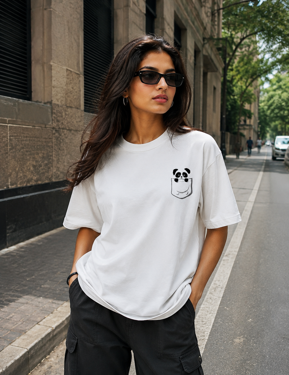 Women’s Panda Pocket Graphic Oversized T-Shirt
