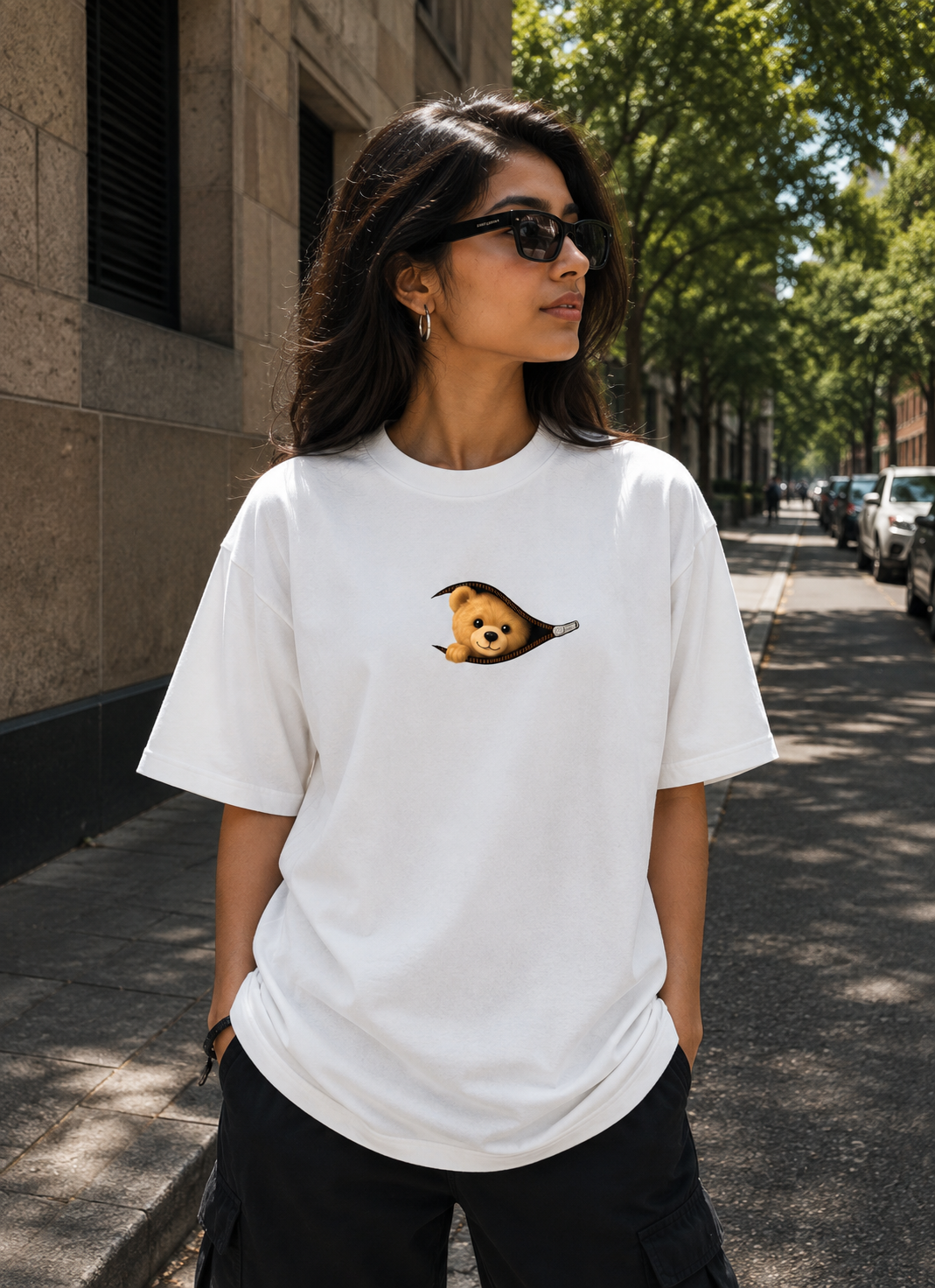 Women’s Teddy Bear Zipper Graphic Oversized T-Shirt